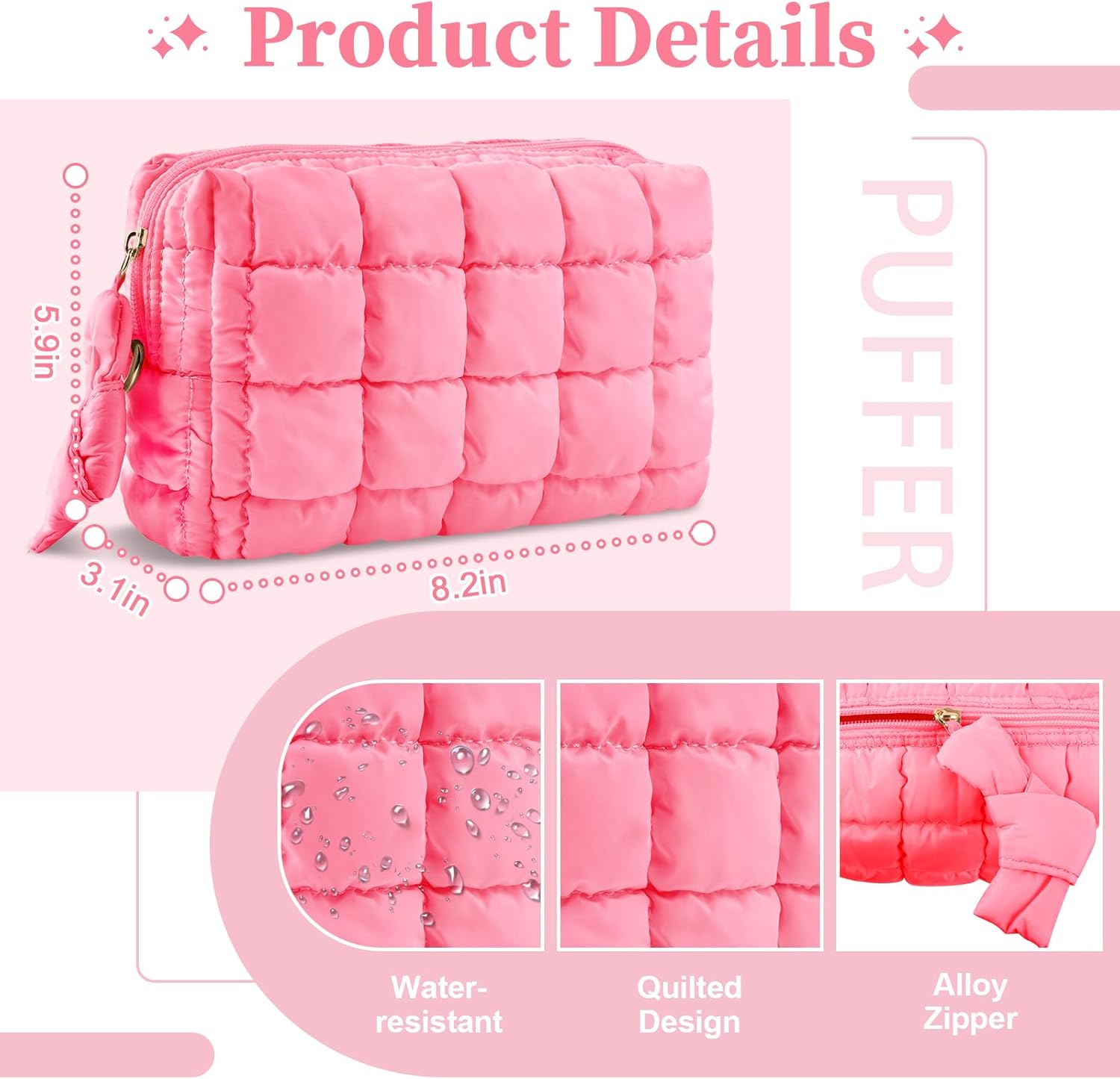 Puffer Quilted Makeup Bag Cosmetic Bags,Puffy Travel Toiletry Pouch for Women,Cute Checkered Zipper Bag Travel Essential,Portable Aesthetic Make up Organizer Bag for Gifts Work Daily(Pink,M)